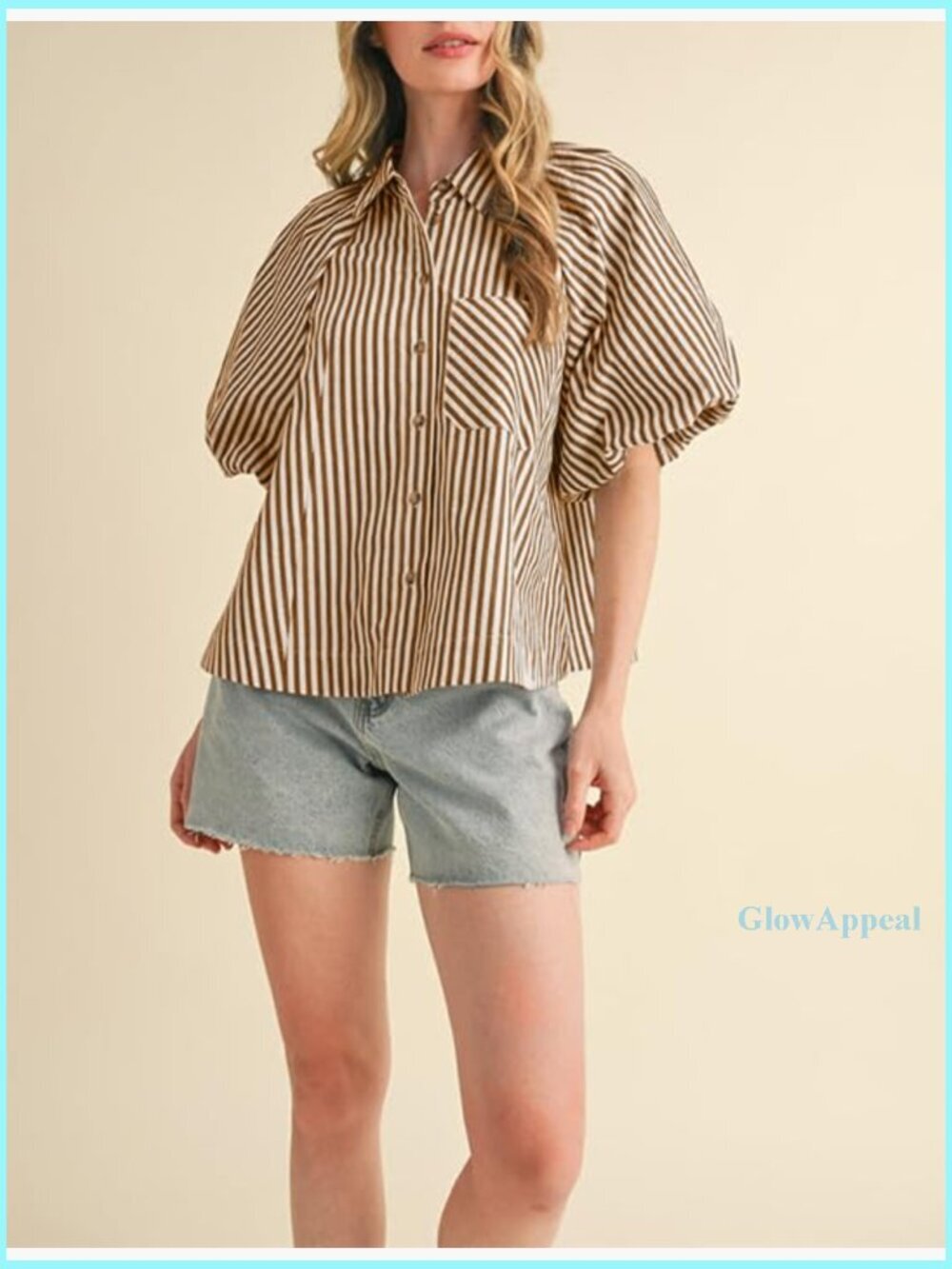 Striped Button Down Shirt Puff Sleeve Collared V Neck Loose Casual Blouse - Picture 3 of 7